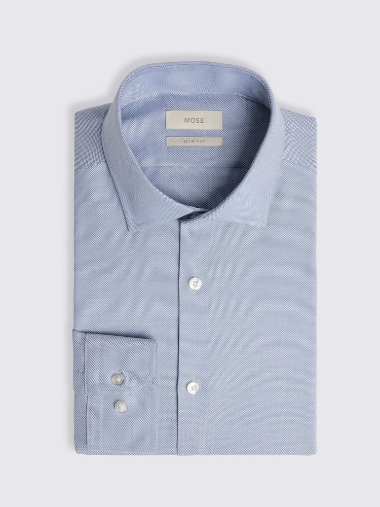MOSS Light Blue Slim Dobby Stretch Shirt - Image 3 of 5