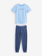 Calvin Klein Blue Modern T-Shirt And Cuffed Trousers Knit Pyjama Set - Image 1 of 1