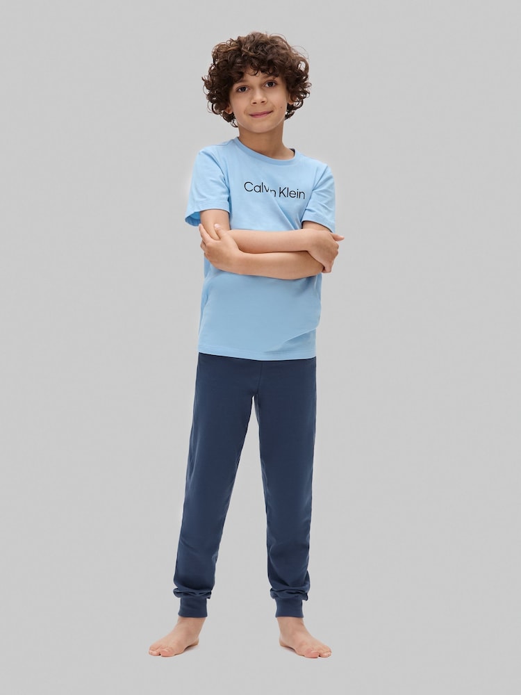 Calvin Klein Blue Modern T-Shirt And Cuffed Trousers Knit Pyjama Set - Image 1 of 1