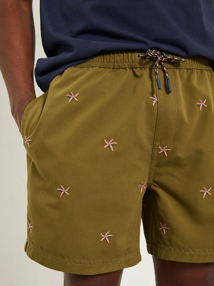 FatFace Trevose Khaki Green Embroidered Starfish Swim Shorts - Image 1 of 5