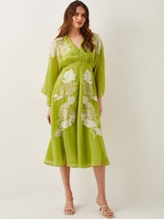 Monsoon Green Tilly Floral Print Embroidered Midi Dress - Image 1 of 4