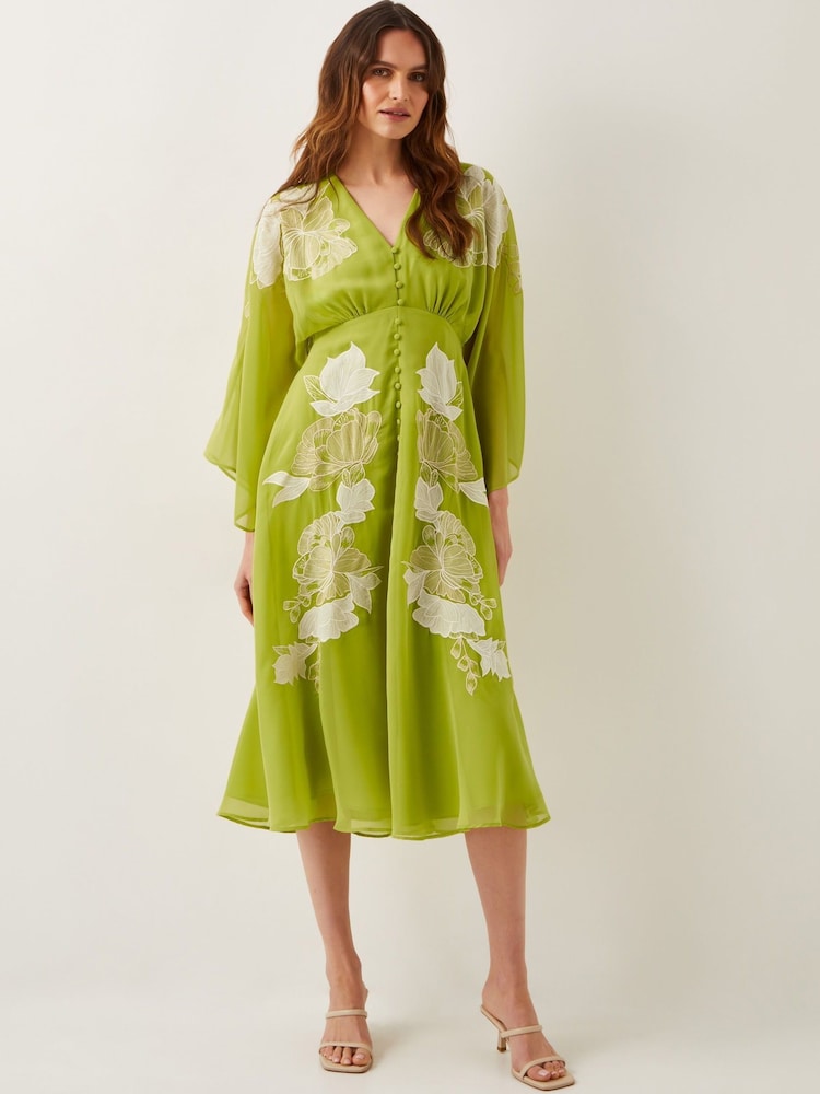 Monsoon Green Tilly Floral Print Embroidered Midi Dress - Image 1 of 4
