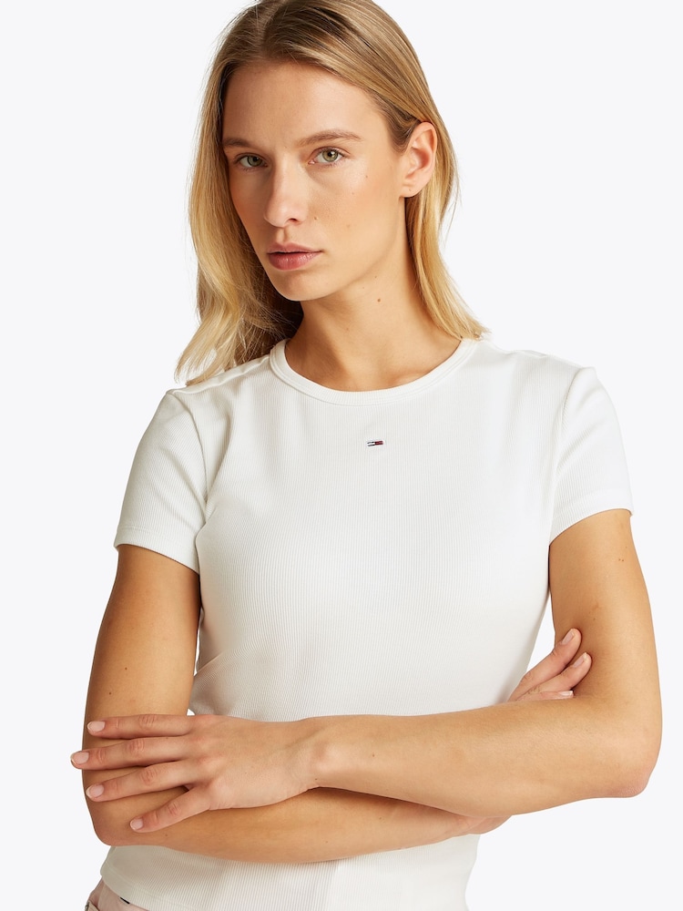 Tommy Jeans White Slim Essential Rib T-Shirt - Image 4 of 4