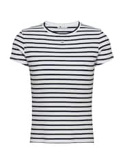 Tommy Jeans White & Navy Stripe Slim Essential Ribbed Short Sleeve T-Shirt - Image 1 of 3