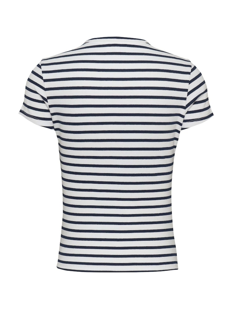 Tommy Jeans White & Navy Stripe Slim Essential Ribbed Short Sleeve T-Shirt - Image 2 of 3