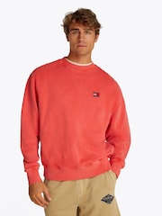 Tommy Jeans Red Relaxed Label Crew Neck 100% Cotton Sweatshirt - Image 1 of 7