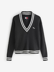 Tommy Jeans Black Script V-Neck Ribbed 100% Cotton Jumper - Image 1 of 1