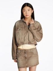Tommy Jeans Brown Oversized Crop Trucker Jacket - Image 1 of 7