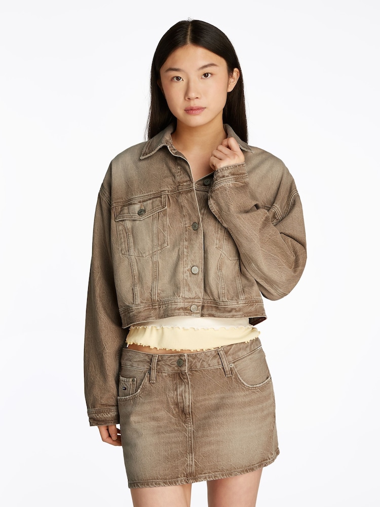 Tommy Jeans Brown Oversized Crop Trucker Jacket - Image 1 of 7