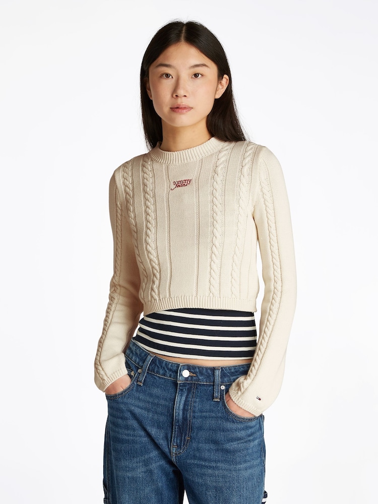 Tommy Jeans White Cable Script 100% Cotton Jumper - Image 1 of 8