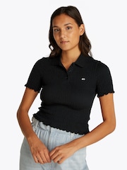 Tommy Jeans Black Slim Smock Short Sleeve Polo Shirt - Image 1 of 7