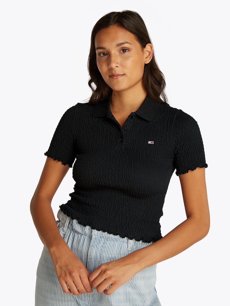 Tommy Jeans Black Slim Smock Short Sleeve Polo Shirt - Image 1 of 7 Tommy Jeans Black Slim Smock Short Sleeve Polo Shirt - Image 1 of 7