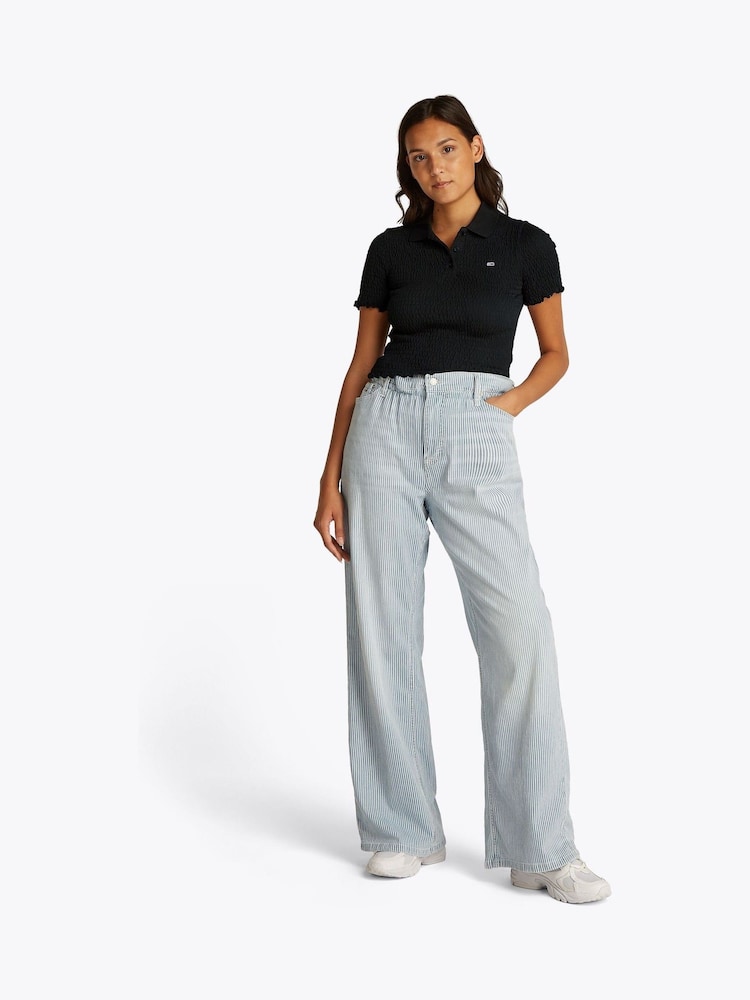 Tommy Jeans Black Slim Smock Short Sleeve Polo Shirt - Image 2 of 7