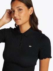 Tommy Jeans Black Slim Smock Short Sleeve Polo Shirt - Image 4 of 7