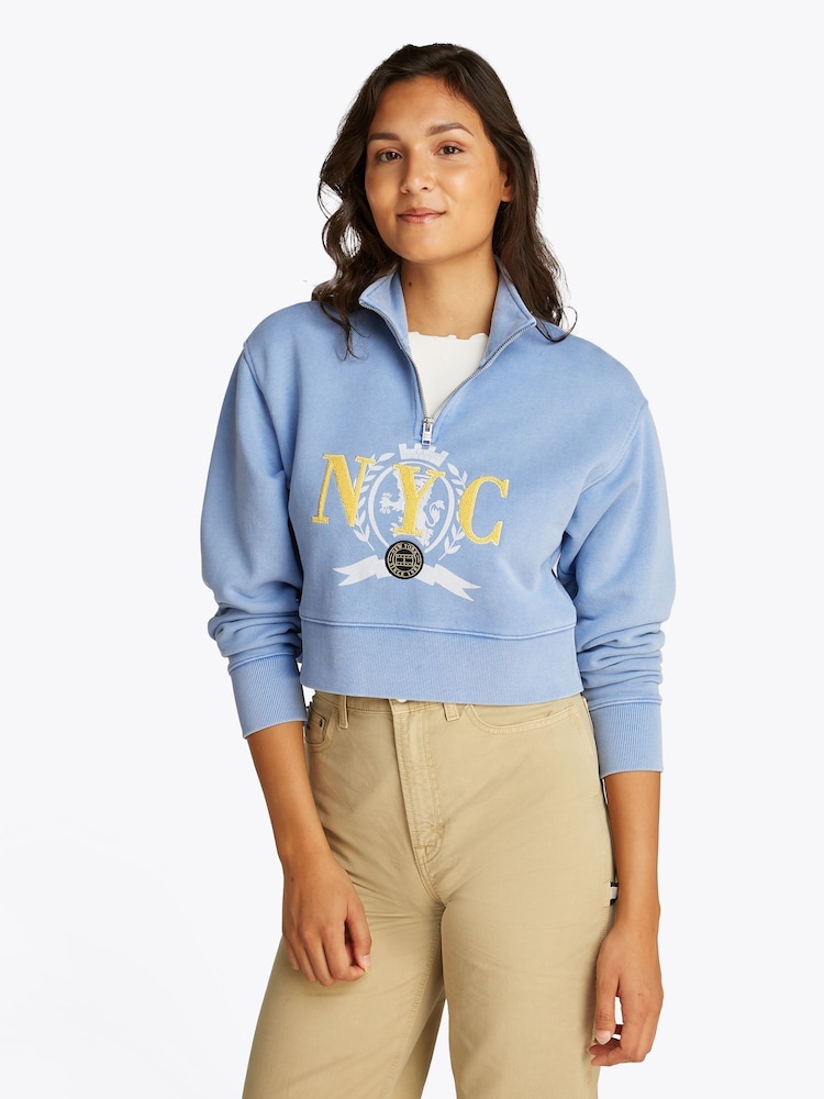 Tommy Jeans Light Blue Boxy Cropped Varsity 100% Cotton Sweat Top - Image 1 of 7