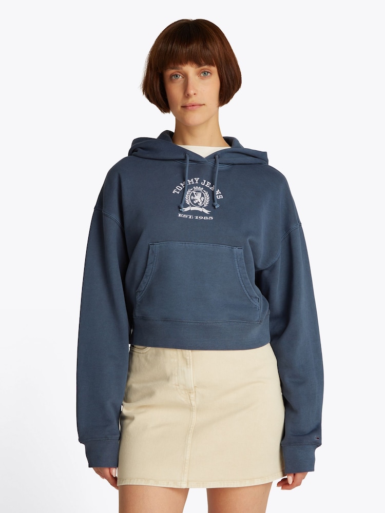 Tommy Jeans Blue Boxy Cropped Varsity 100% Cotton Sweat Top - Image 1 of 7
