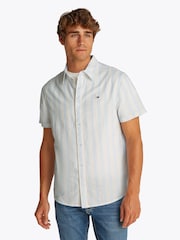 Tommy Jeans Blue Regular Fit Linen Blend Stripe Short Sleeve Shirt - Image 1 of 7