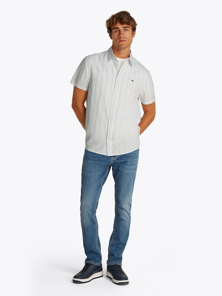 Tommy Jeans Blue Regular Fit Linen Blend Stripe Short Sleeve Shirt - Image 2 of 7