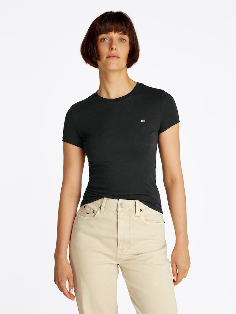 Tommy Jeans Black Slim Crew Neck 100% Cotton T-Shirt - Image 1 of 7