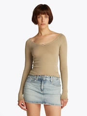 Tommy Jeans Brown Slim Rib V-Neck Long Sleeve T-Shirt - Image 1 of 7
