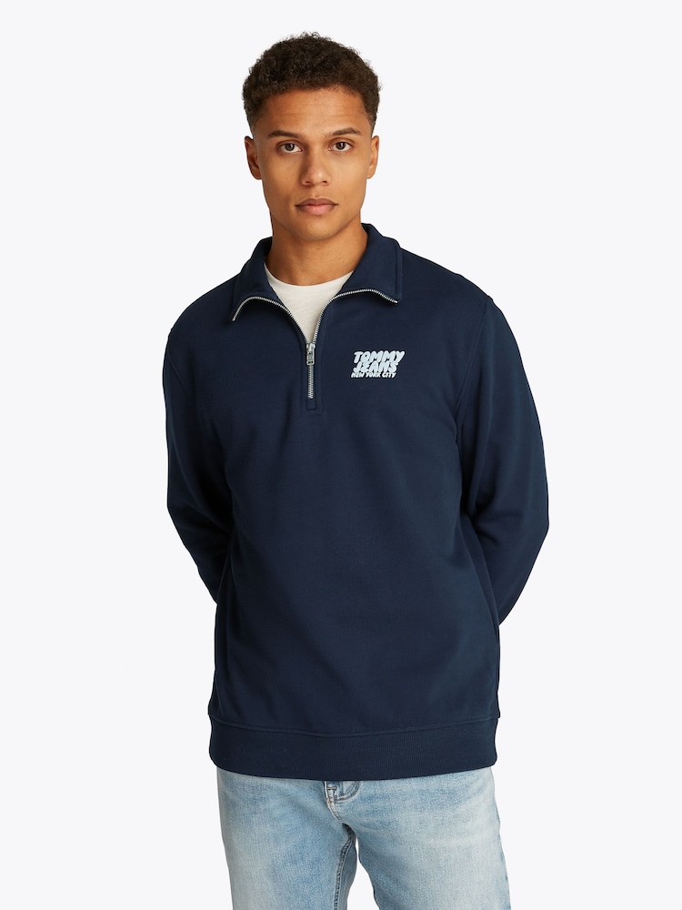 Tommy Jeans Blue Regular Fit Mock Neck Quarter Zip 100% Cotton Sweatshirt - Image 1 of 7