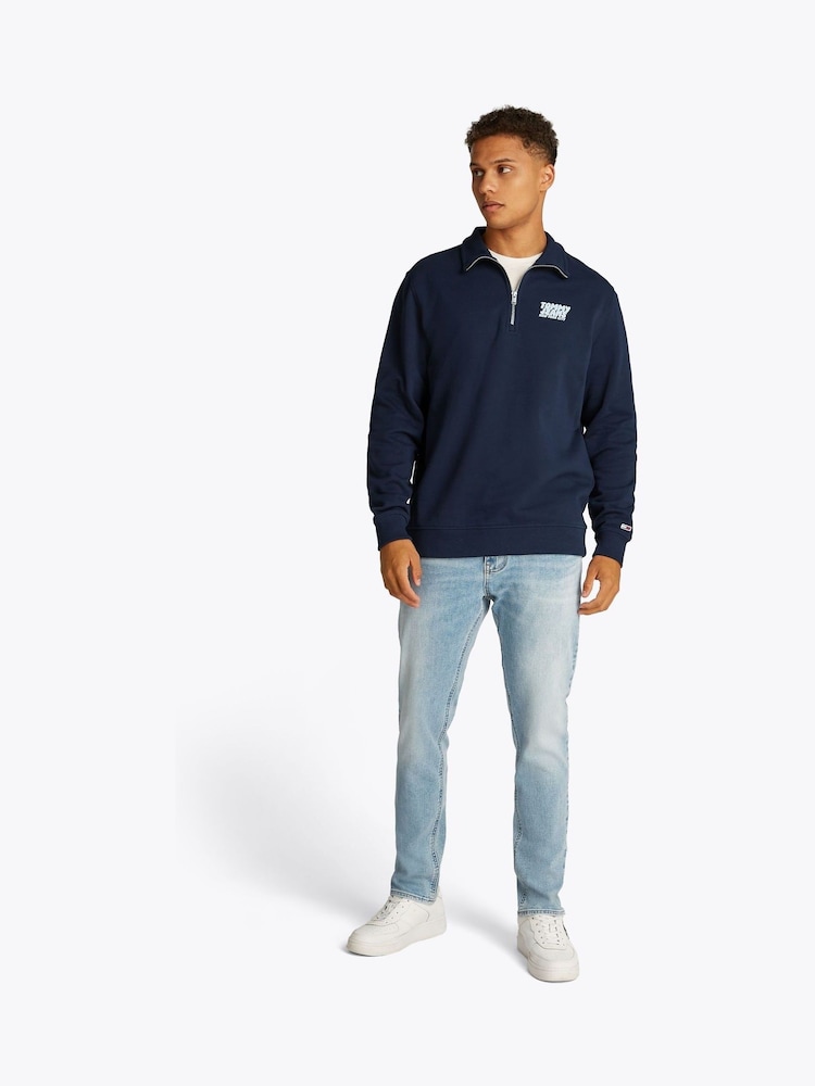 Tommy Jeans Blue Regular Fit Mock Neck Quarter Zip 100% Cotton Sweatshirt - Image 2 of 7