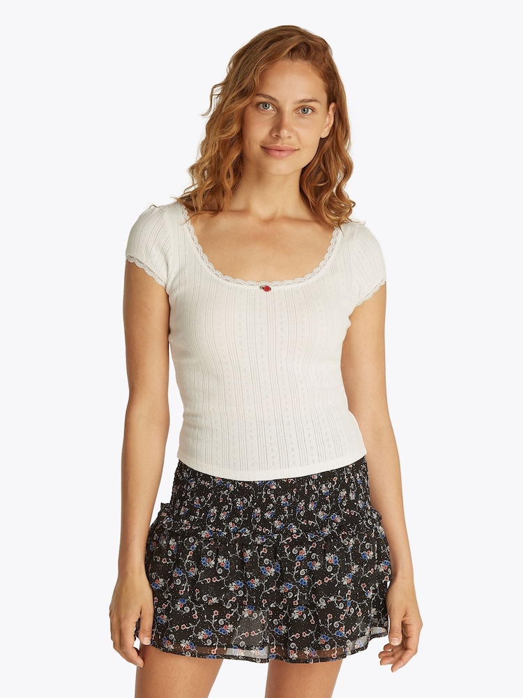 Tommy Jeans White Slim Pointelle Short Sleeve 100% Cotton T-Shirt - Image 1 of 7