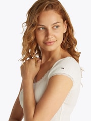 Tommy Jeans White Slim Pointelle Short Sleeve 100% Cotton T-Shirt - Image 4 of 7