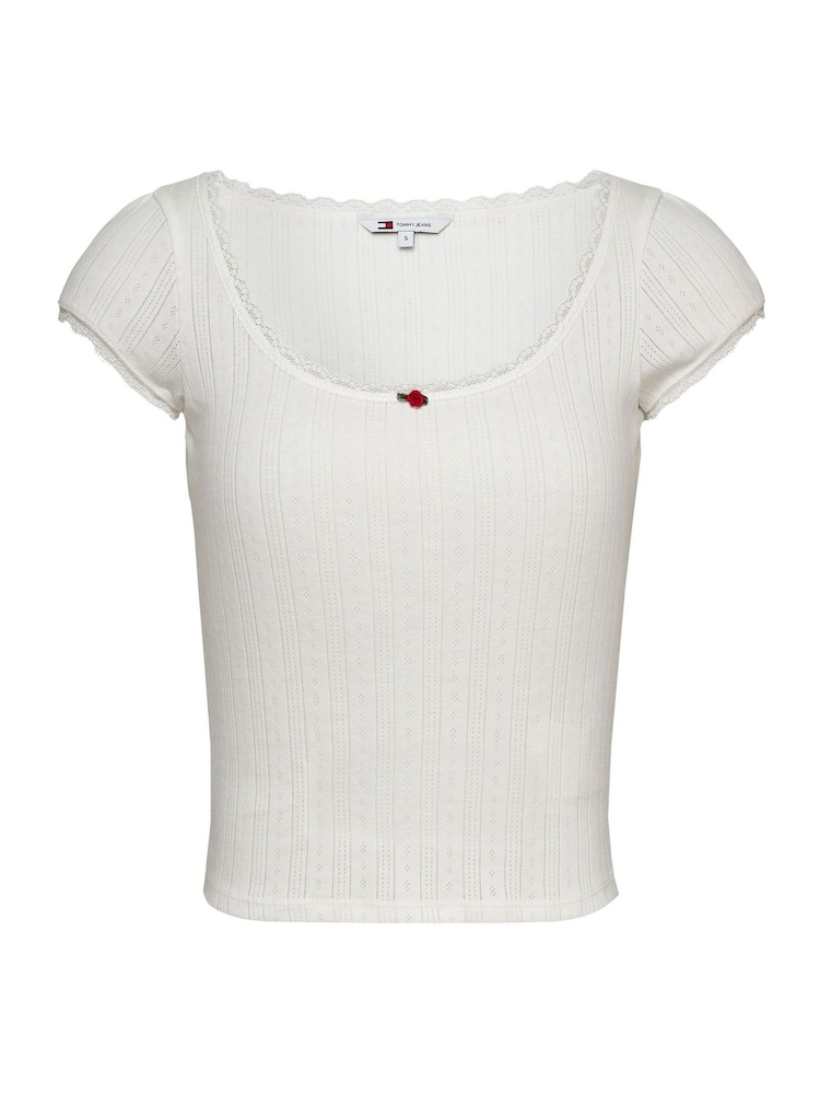 Tommy Jeans White Slim Pointelle Short Sleeve 100% Cotton T-Shirt - Image 5 of 7