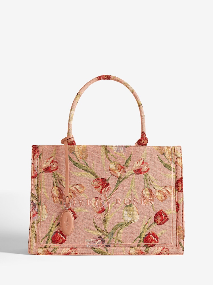 Love & Roses Pink Large Embridered Structured Tote Bag - Image 1 of 6