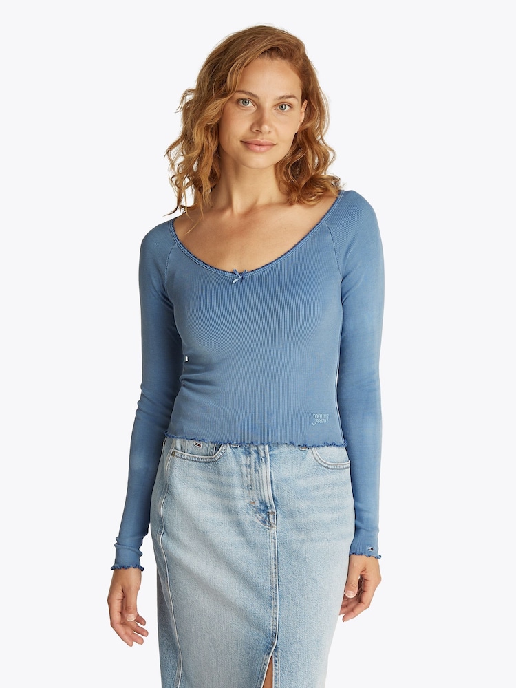 Tommy Jeans Blue Slim Rib V-Neck Long Sleeve T-Shirt - Image 1 of 7