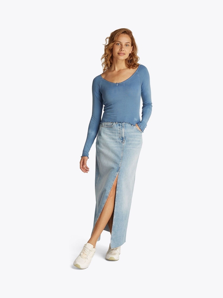 Tommy Jeans Blue Slim Rib V-Neck Long Sleeve T-Shirt - Image 2 of 7