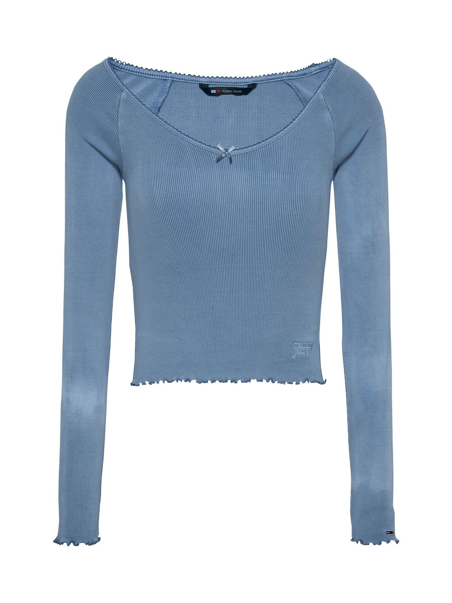 Buy Tommy Jeans Blue Slim Rib V-Neck Long Sleeve T-Shirt
