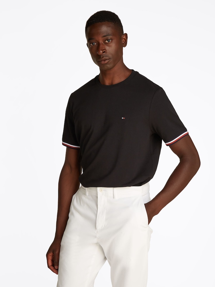 Tommy Hilfiger Black Global Stripe Cuff 100% Cotton T-Shirt - Image 1 of 6
