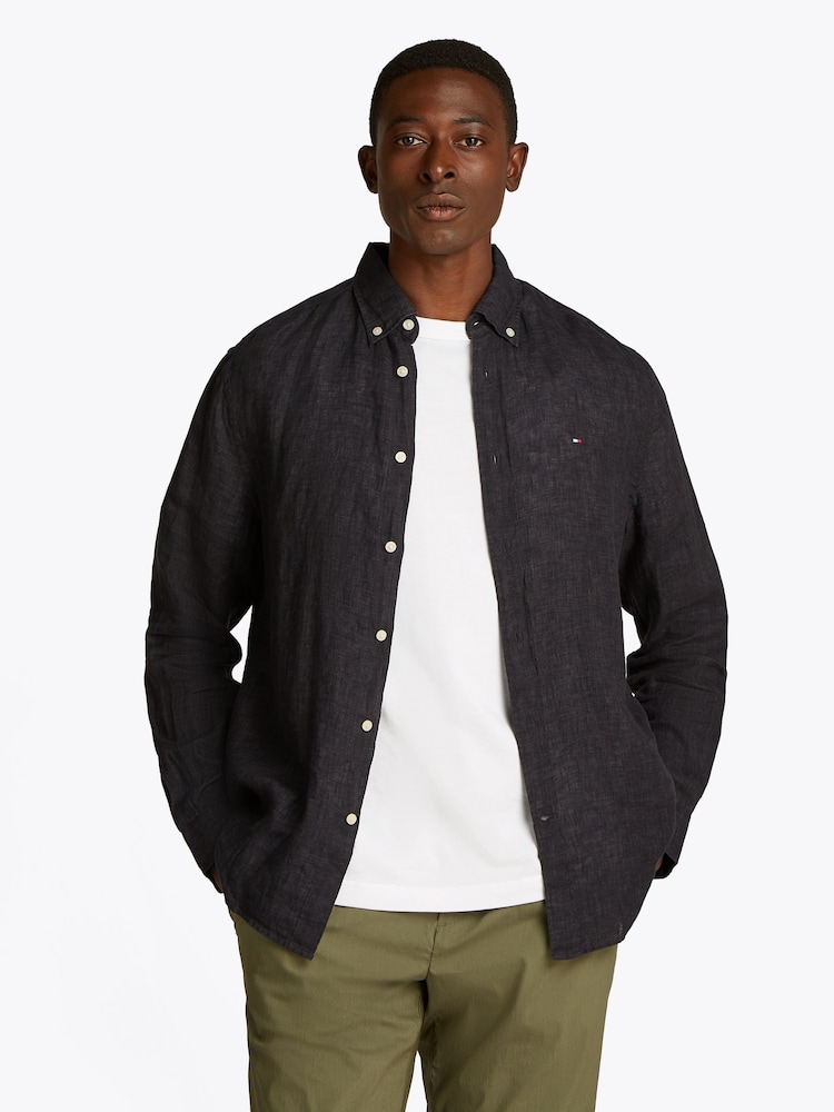 Tommy Hilfiger Black Regular Fit Essential Stripe 100% Linen Shirt - Image 1 of 6