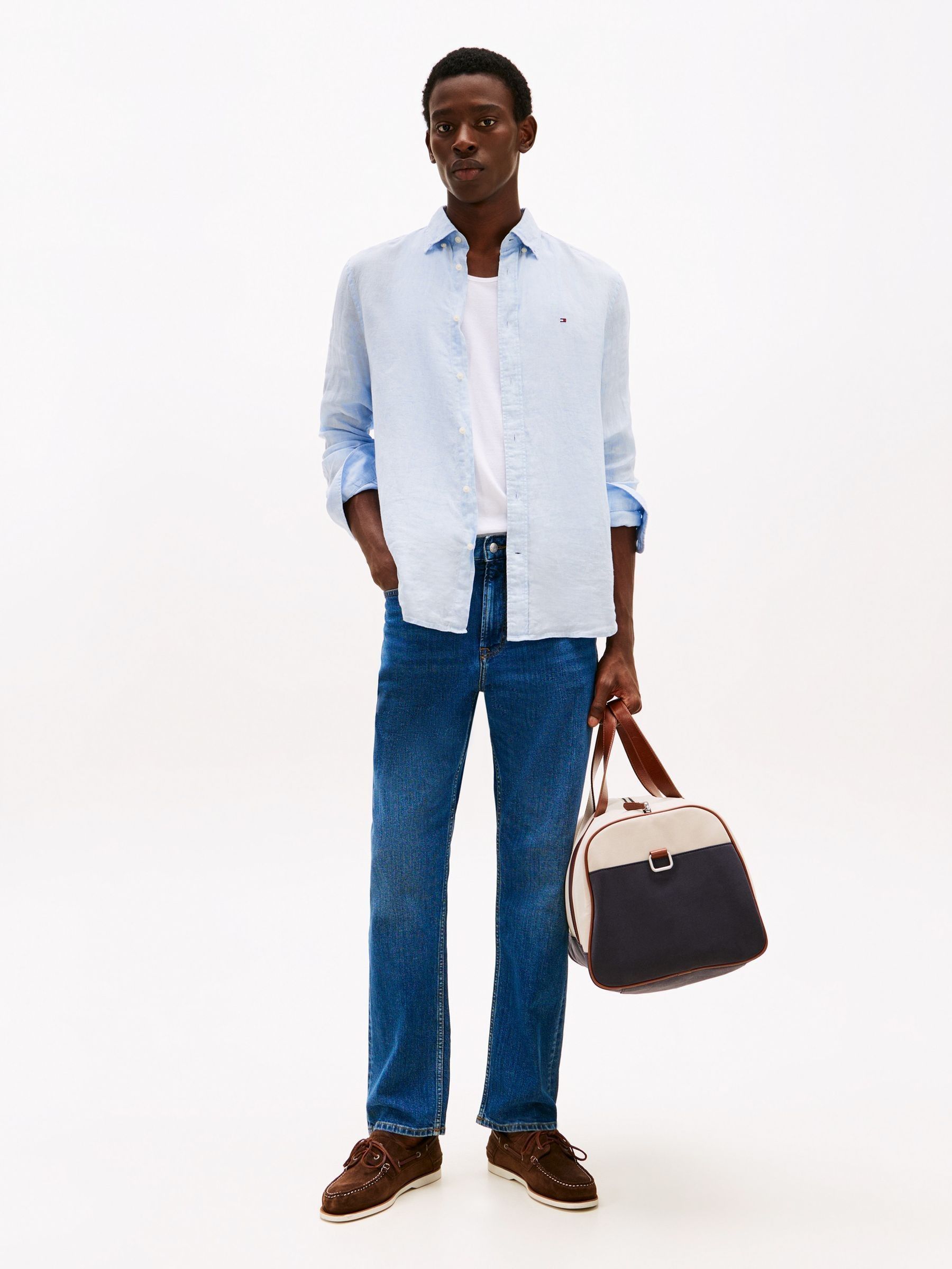 Buy Tommy Hilfiger Sky Blue Stripe Washed Linen Long Sleeve Shirt