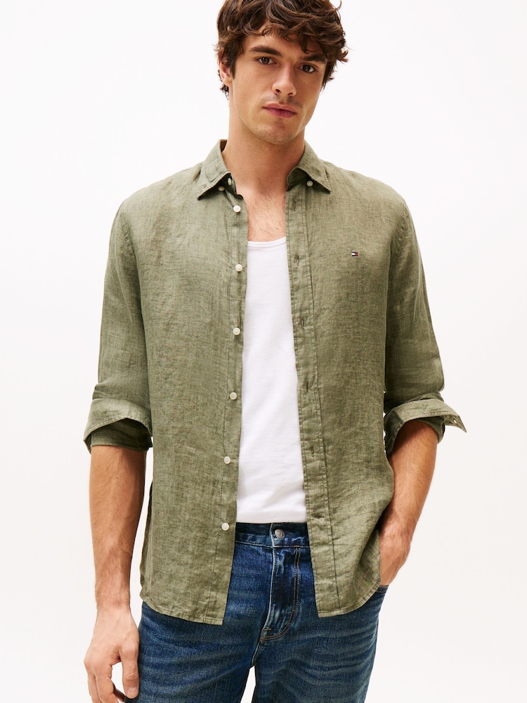 Tommy Hilfiger Green Stripe Washed Linen Long Sleeve Shirt - Image 1 of 8 Tommy Hilfiger Green Stripe Washed Linen Long Sleeve Shirt - Image 1 of 8