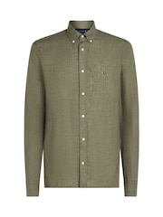 Tommy Hilfiger Green Regular Fit Essential Stripe 100% Linen Shirt - Image 5 of 6