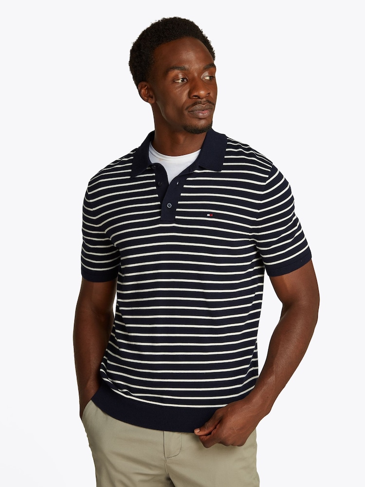 Tommy Hilfiger Navy & Whtie Stripe Essential Knit Polo 100% Cotton Jumper - Image 1 of 6
