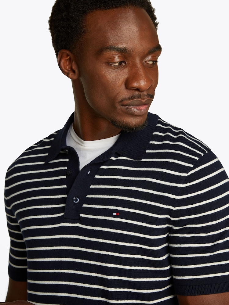 Tommy Hilfiger Navy & Whtie Stripe Essential Knit Polo 100% Cotton Jumper - Image 2 of 6