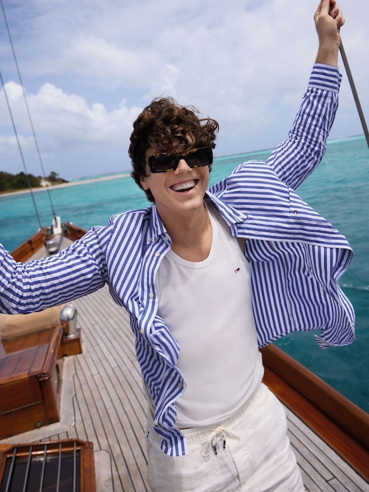 Tommy Hilfiger Blue Stripe Washed Linen Long Sleeve Shirt - Image 1 of 8 Tommy Hilfiger Blue Stripe Washed Linen Long Sleeve Shirt - Image 1 of 8