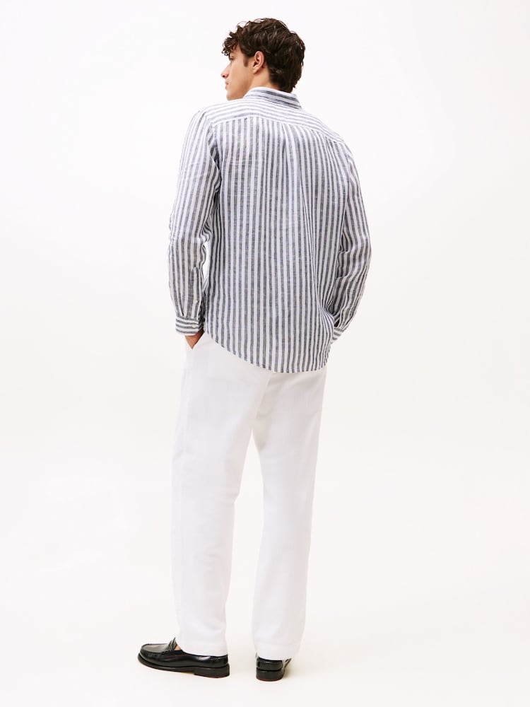 Tommy Hilfiger Blue Stripe Washed Linen Long Sleeve Shirt - Image 2 of 8 Tommy Hilfiger Blue Stripe Washed Linen Long Sleeve Shirt - Image 2 of 8