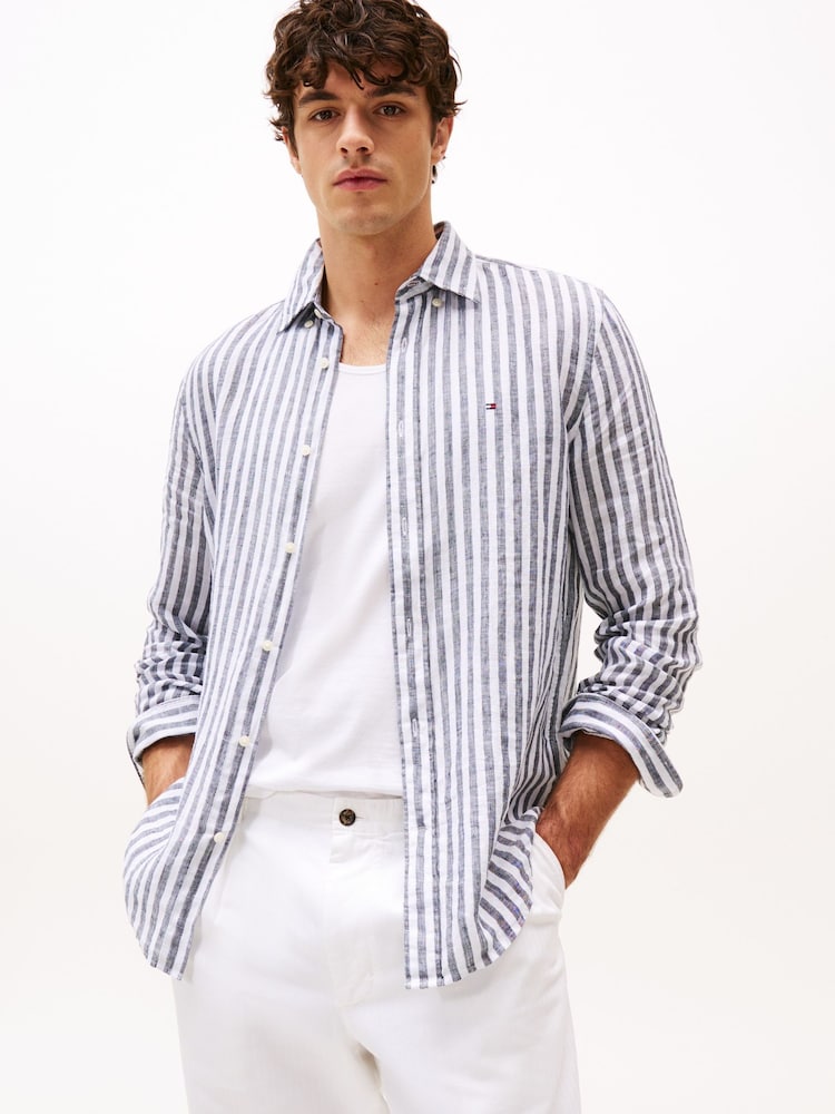 Tommy Hilfiger Blue Stripe Washed Linen Long Sleeve Shirt - Image 3 of 8