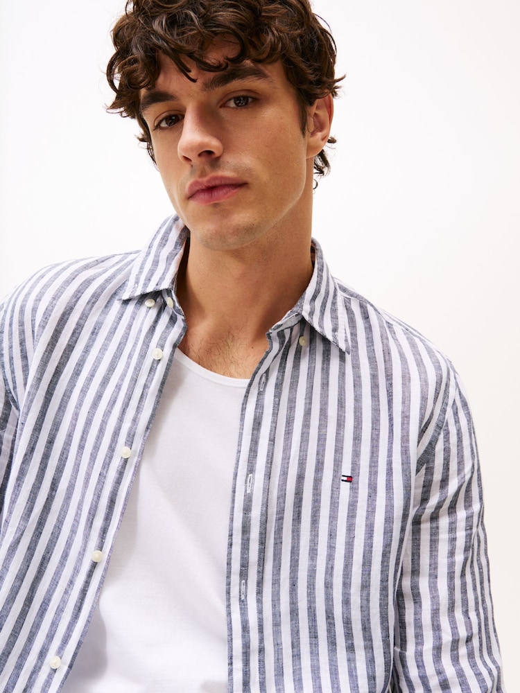 Tommy Hilfiger Blue Stripe Washed Linen Long Sleeve Shirt - Image 5 of 8