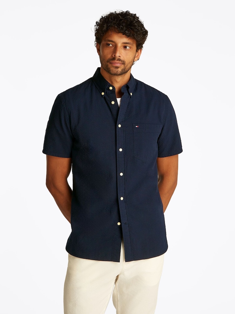 Tommy Hilfiger Dark Blue Regular Fit Seersucker Short Sleeve 100% Cotton Shirt - Image 1 of 6