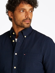 Tommy Hilfiger Dark Blue Regular Fit Seersucker Short Sleeve 100% Cotton Shirt - Image 4 of 6