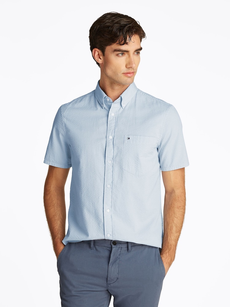 Tommy Hilfiger Blue Regular Fit Seersucker Short Sleeve 100% Cotton Shirt - Image 1 of 6