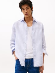 Tommy Hilfiger Light Blue Regular Fit Essential Stripe 100% Linen Shirt - Image 1 of 8