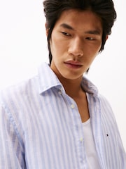 Tommy Hilfiger Light Blue Regular Fit Essential Stripe 100% Linen Shirt - Image 4 of 8