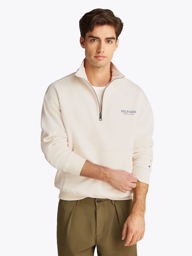 Tommy Hilfiger Cream Monotype Quarter Zip Sweatshirt - Image 1 of 6